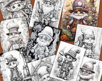 Steampunk little gnomes - Adolt coloring pages , digital download , printable pdf