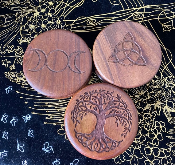 Triple Moon Herb Grinder,tree of Life, Triquetra Grinder,wooden Grinder,engraved  Triple Grinder,kitchen Witch Herb Grinder,pagan,witch 