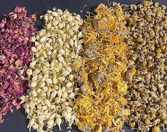 May include: Assortment of dried herbs and flowers, including orange peel, rose petals, jasmine buds, calendula petals, chamomile flowers, and rosemary needles.