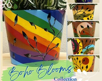 Rainbow Design Planters, Unique Colorful Boho Designs on Clay Pots, Perfect for Plant Lovers and Indoor Gardens