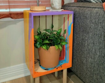 Colorful Wooden Crate End Table, Unique Table or Plant Stand made from Wooden Crates from Reclaimed Wood Perfect for a Rustic Colorful Home