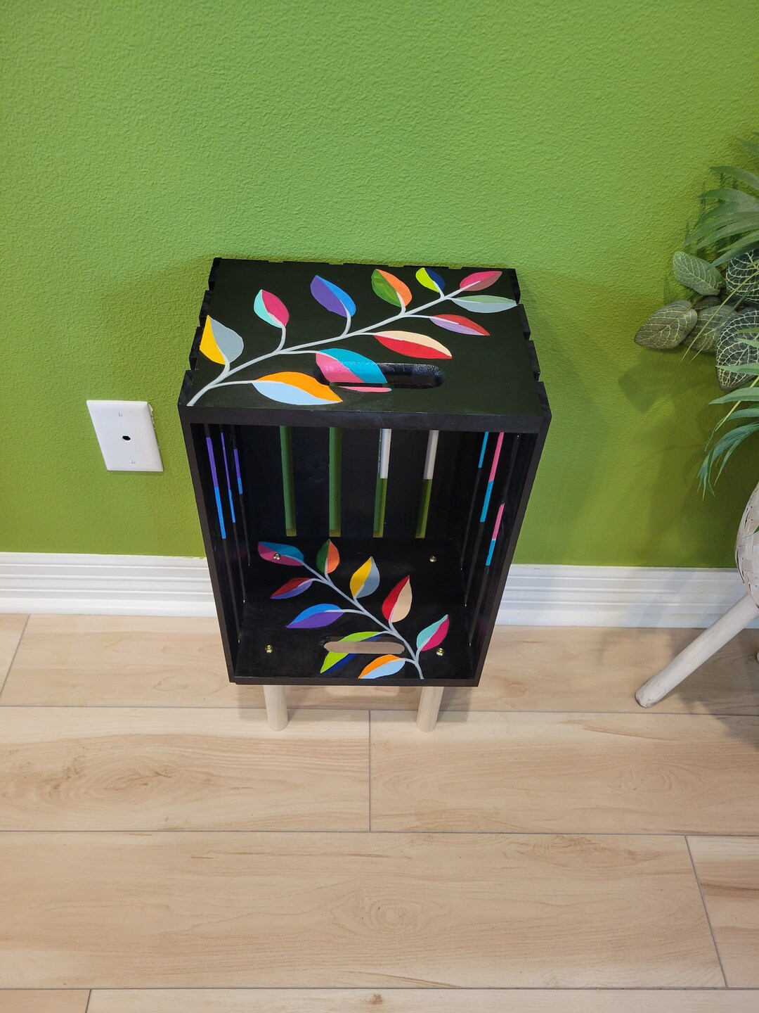 Colorful Wooden Crate End Table, Unique Table or Plant Stand Made From