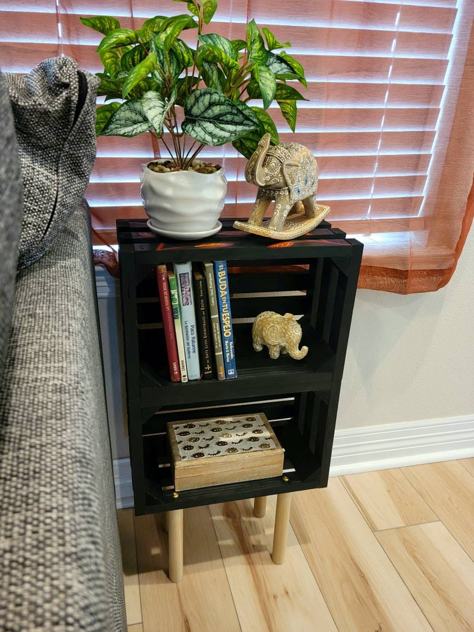 Colorful Wooden Crate End Table, Unique Table or Plant Stand Made From