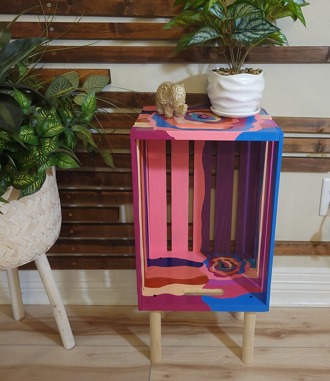 Colorful Wooden Crate End Table, Unique Table or Plant Stand Made From