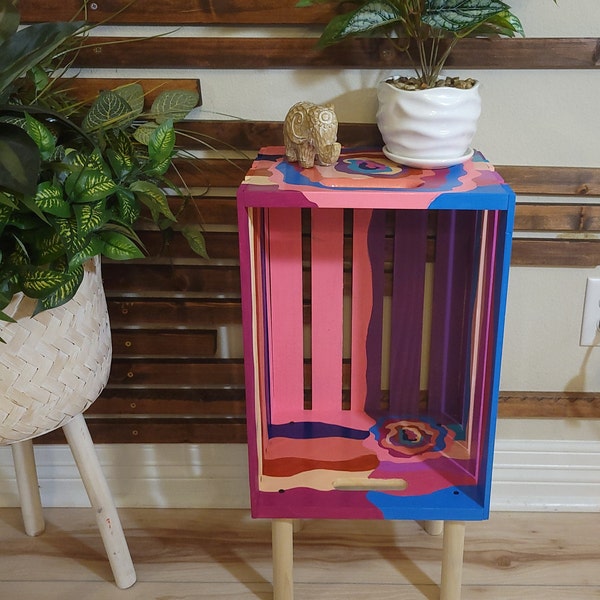 Colorful Wooden Crate End Table, Unique Table or Plant Stand made from Wooden Crates from Reclaimed Wood Perfect for a Rustic Colorful Home