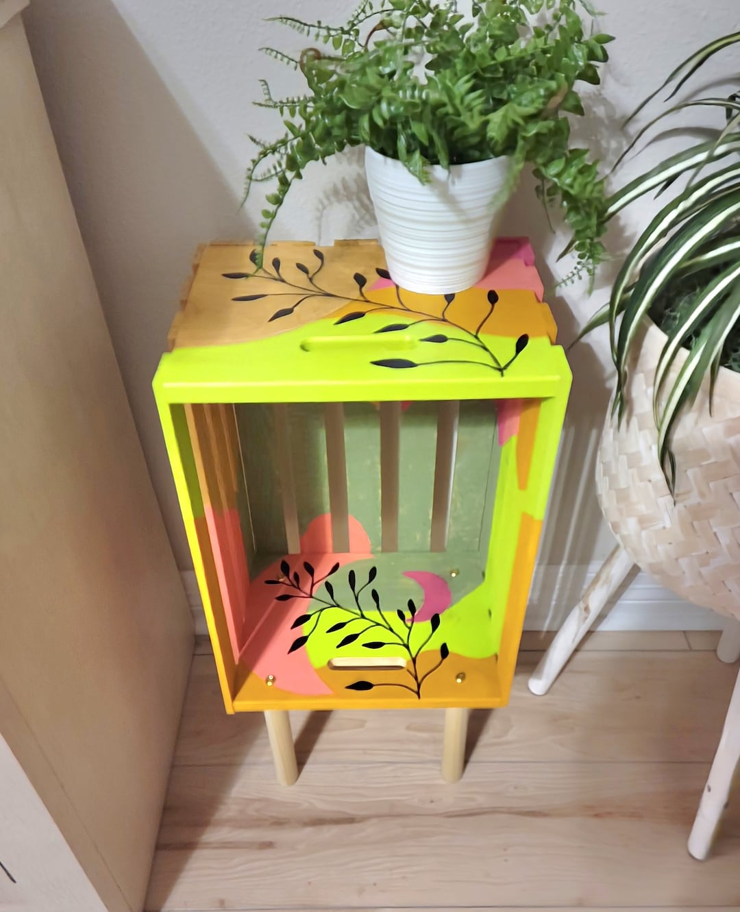 Colorful Wooden Crate End Table, Unique Table or Plant Stand Made From