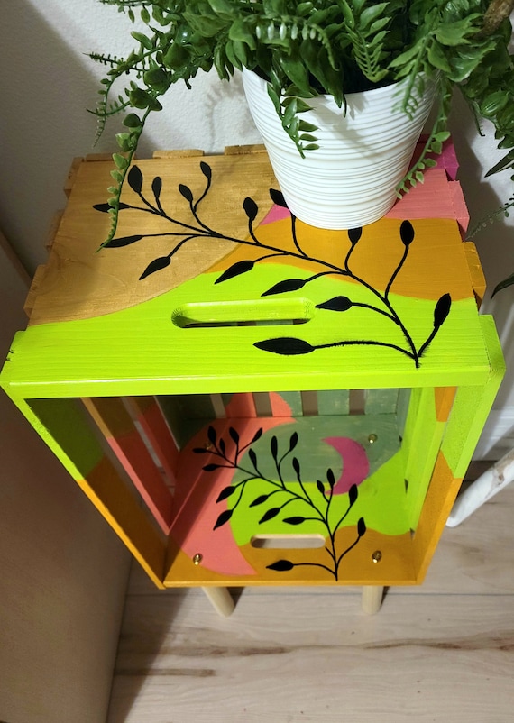 Colorful Wooden Crate End Table Unique Table or Plant Stand Made