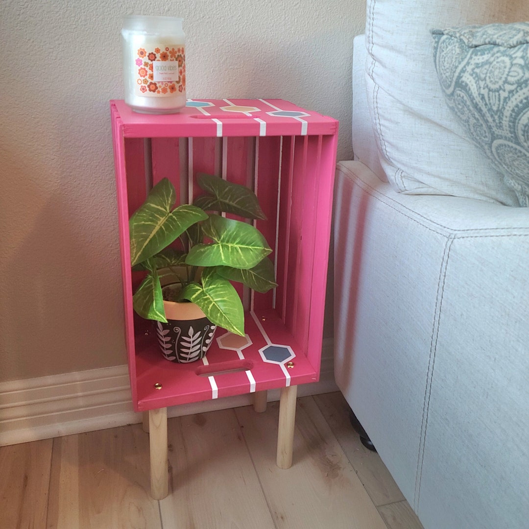 Colorful Wooden Crate End Table, Unique Table or Plant Stand Made From