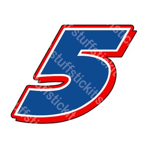 May include: A blue number five with a red and white outline. The number is in a bold, stylized font and is suitable for use as a racing number or decal.