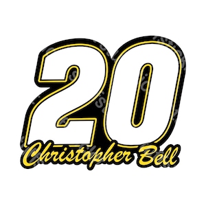 May include: A graphic featuring the number "20" in white, outlined in yellow and black. The name "Christopher Bell" is written in a yellow, cursive font below the number, set against a black background.