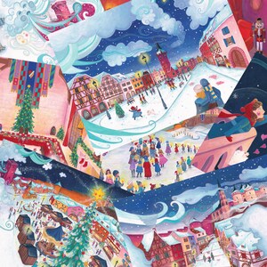 May include: A collage of watercolor paintings depicting a winter wonderland scene. The paintings feature a snowy town with buildings, trees, and people. The paintings are arranged in a chaotic and whimsical way, creating a sense of movement and energy.