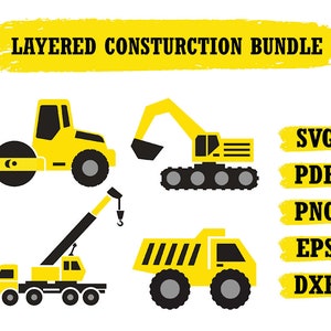 Construction en couches svg, camions svg fichiers, excavatrice svg, rouleau svg, grue cricut, construction cricut, silhouette, clipart de construction