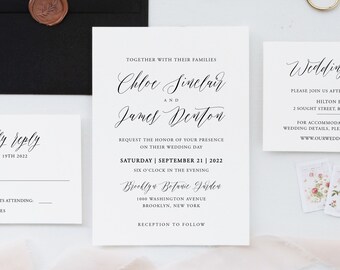 Modern Wedding Invitation Template, Calligraphy Wedding Invitation Suite, Simple Editable Wedding Invite, Digital Download Invitation