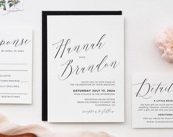 Modern Wedding Invitation Template, Calligraphy Wedding Invitation Suite, Simple Editable Wedding Invite, Digital Download Invitation