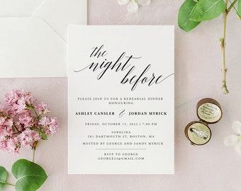 以下が含まれることがあります： 「The night before」と黒の書道で書かれた白い招待状。アシュリー・キャンスラーとジョーダン・マイリックを称えるリハーサルディナーの詳細が記載されています。イベントは、2022年10月15日（金）午後7時に、ボストン、MA州、ダートマス通り241のソレリナで開催されます。招待状は、ジョージとサンディ・マイリックが主催しています。ジョージ宛てに、georgett@gmail.comまでRSVPをお願いします。
