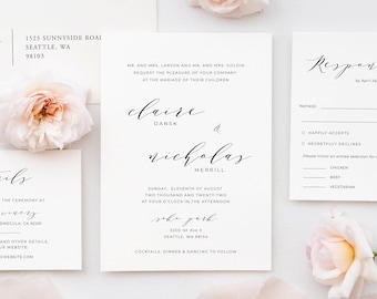 Calligraphy Wedding Invitation Template, Printable Wedding Invitation Template, Editable Wedding Invitation Suite Template Download