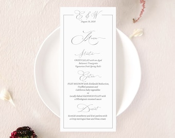 Elegante menukaart voor bruiloft, kalligrafie bruiloft dinermenu, elegant, bewerkbaar en afdrukbaar Instant Download receptiemenu afdrukbaar