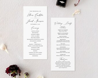 May include: Wedding ceremony program with a white background and black text. The program lists the order of events for the ceremony and the wedding party. The text includes the names of the bride and groom, Oliver Creliton and Jroof Mouser, and the date of the wedding, September 25, 2023.