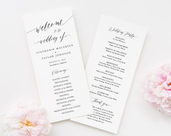 May include: A wedding ceremony program with a white background and black text. The program lists the order of events for the wedding ceremony, including the seating of the family, the processional, the entrance of the bride, the wedding vows, and the recessional. The program also includes a list of the wedding party members.