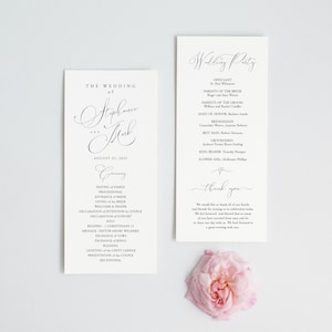 May include: Wedding ceremony program with a white background and black text. The program lists the order of events for the ceremony, including seating of family, processional, entrance of the bride, giving of the bride, welcome and prayer, declaration of intention by couple, declaration of support, solo, reading, message, exchange of vows, exchange of rings, blessing, lighting of the unity candle, presentation of the couple, and recessional. The program also includes a separate page with the wedding party information, including the officiant, parents of the bride and groom, maid of honor, bridesmaids, best man, groomsmen, ring bearer, and flower girl.