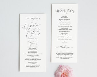 May include: Wedding ceremony program with a white background and black text. The program lists the order of events for the ceremony, including seating of family, processional, entrance of the bride, giving of the bride, welcome and prayer, declaration of intention by couple, declaration of support, solo, reading, message, exchange of vows, exchange of rings, blessing, lighting of the unity candle, presentation of the couple, and recessional. The program also includes a separate page with the wedding party information, including the officiant, parents of the bride and groom, maid of honor, bridesmaids, best man, groomsmen, ring bearer, and flower girl.