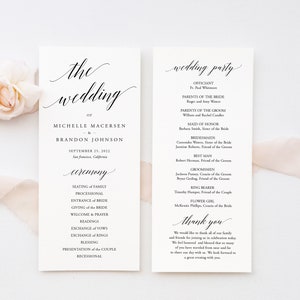 May include: A wedding ceremony programme with a black script font. The programme lists the order of events for the wedding ceremony of Michelle Macersen and Brandon Johnson on September 25, 2022. The programme also includes a list of the wedding party members.