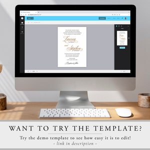 May include: A computer screen displaying a wedding invitation template with the names Lauren and Stephen in gold script. The text below reads "Want to try the template? Try the demo template to see how easy it is to edit! - link in description -"