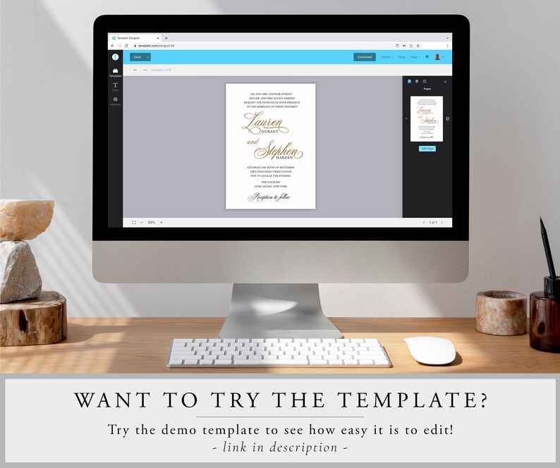 May include: A computer screen displaying a wedding invitation template with the names Lauren and Stephen in gold script. The text below reads "Want to try the template? Try the demo template to see how easy it is to edit! - link in description -"