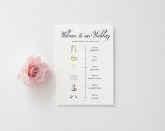 May include: A wedding timeline card with a white background and black text. The card lists the wedding events with corresponding icons, including a floral arch, wedding rings, champagne flutes, a dinner plate, a wedding cake, and musical notes. The text reads "Welcome to our Wedding" and "28 September 2023 New York".