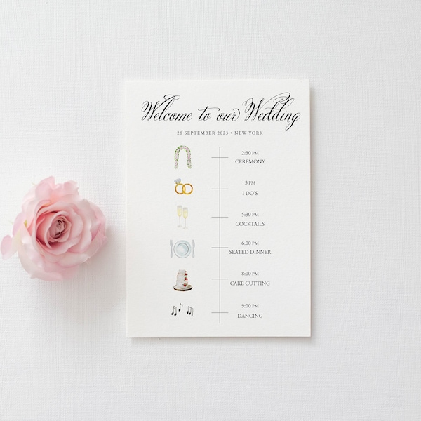 BELLA - Watercolor Timeline Program Template, Wedding Order of Events, Program with watercolor icons wedding, Printable, INSTANT Download