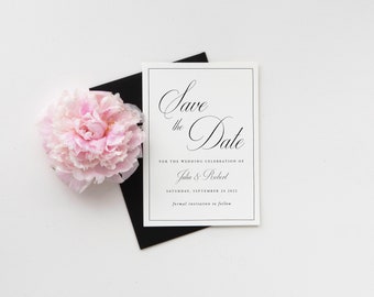以下が含まれることがあります： 黒い文字で書かれた白い結婚式の招待状。文字は、スクリプトフォントで「Save the Date」と、その後に「For the wedding celebration of Julia & Robert」と「Saturday, September 24, 2022」が続きます。カードには「formal invitation to follow」という文字も含まれています。