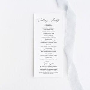 May include: Wedding ceremony details printed on a white card with black text. The card lists the officiant, parents of the bride and groom, maid of honor, bridesmaids, best man, groomsmen, ring bearer, and flower girl. The card ends with the text "Thank you".