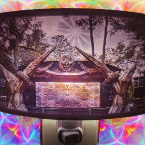 May include: A nightlight with a black and white image of a forest scene with a large, intricate design in the center. The design is surrounded by trees and a sunbeam shining through the branches. The nightlight has a white on/off switch.