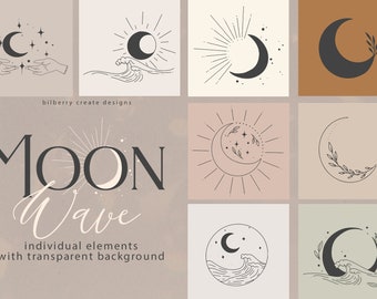 Moon Wave art logo set, Wave SVG, Ocean Clipart, Moon Line Art, Digital Download, Hand Drawn, Silhouette, Black and White