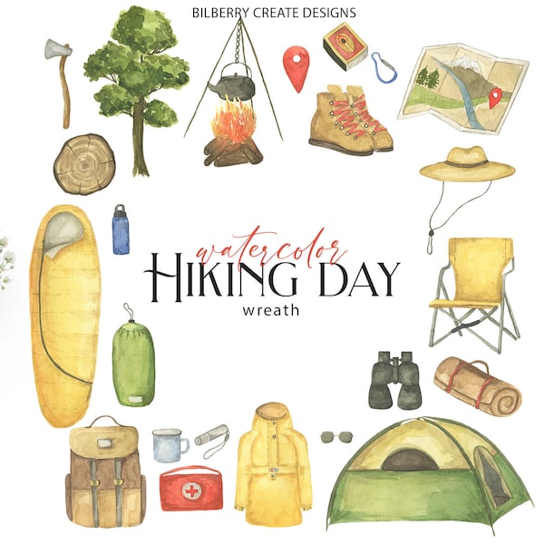 Watercolor Hiking day frame - Good Invite, Camping Invitation,  Digital Camping Clipart , Logo Illustrations,  Compositions, Floral, Wreath