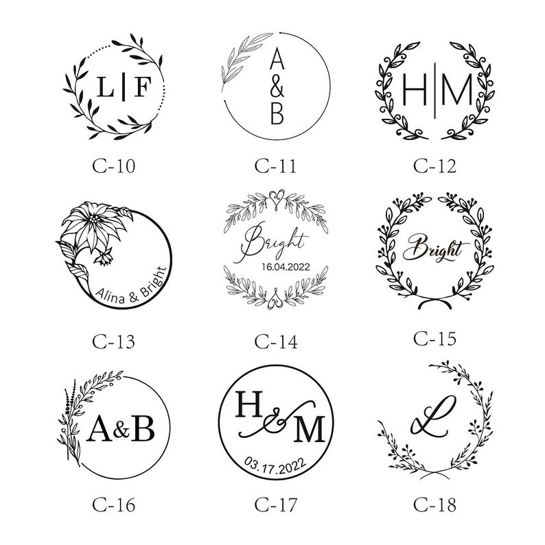 May include: A set of 18 different black and white stamp designs featuring various floral wreaths, initials, and dates. The designs are arranged in a grid pattern on a white background.