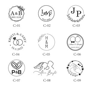May include: Nine different wedding stamp designs with various fonts, illustrations, and dates. The designs include rings, flowers, hearts, and initials.