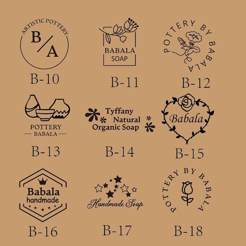 May include: A collection of 18 different black and white logo designs for a pottery business called Babala. The logos feature various designs, including flowers, stars, hearts, and pottery.
