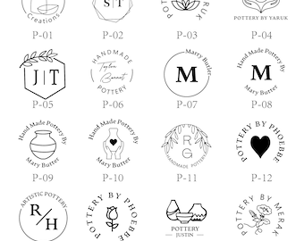 May include: A collection of 16 different pottery shop logo designs. Each logo is a circle with a unique design, including initials, flowers, hearts, and pottery items. The logos are labeled with the letters P-01 through P-16.