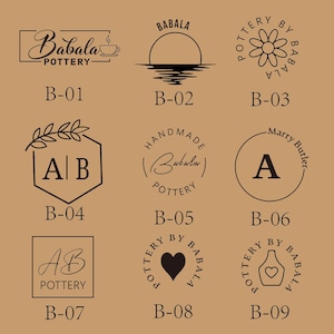 May include: Nine different logo designs for a pottery business called "Babala Pottery". The logos feature a variety of designs, including a coffee cup, a sunset, a flower, a heart, a vase, and initials. The logos are all in black and white and are set against a light brown background.