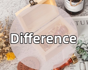 May include: An open wooden box with a hinged lid reveals a wooden stamp with a brown handle. The stamp is resting on a bed of shredded paper. The box is on a table with a brown and white surface. The text "Difference" is written in large white letters on the image. There is a small brown clay stamp with the text "Pottery by Audre" on the table.