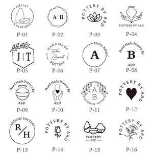 May include: A collection of sixteen black and white pottery logo designs. Each logo features unique illustrations of pottery, flowers, and geometric shapes, along with text such as "Handmade Pottery By" and initials. The logos are labeled P-01 through P-16.