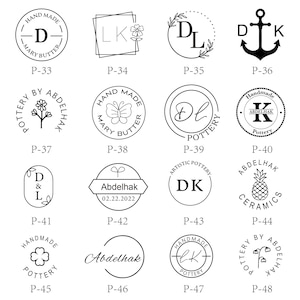 May include: A selection of black and white logos for handmade crafts and pottery. The designs include initials, floral motifs, and text like "Handmade" and "Pottery". Some logos incorporate dates and an anchor.