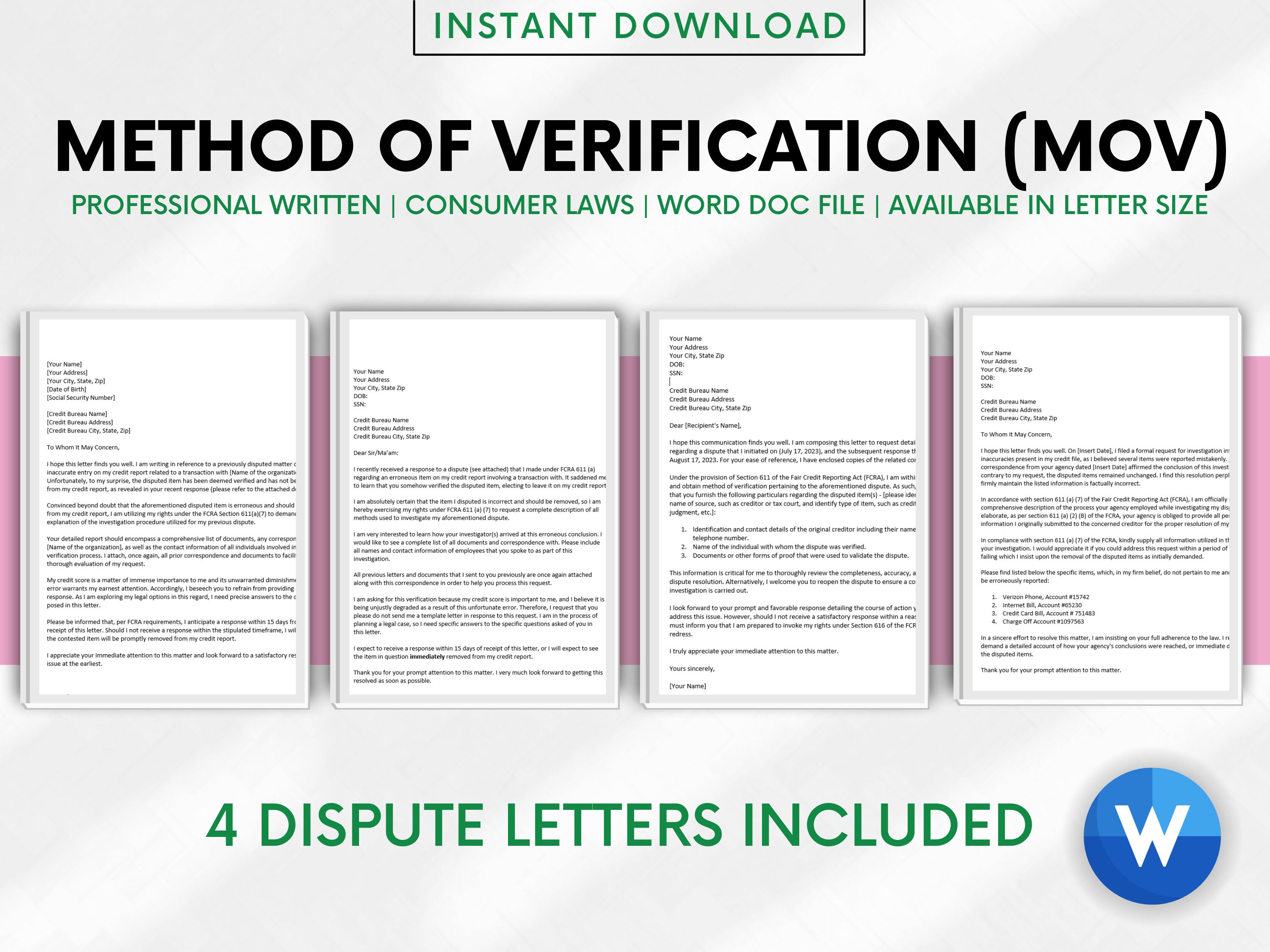 Method of Verification Credit Dispute Letter Template FCRA Etsy
