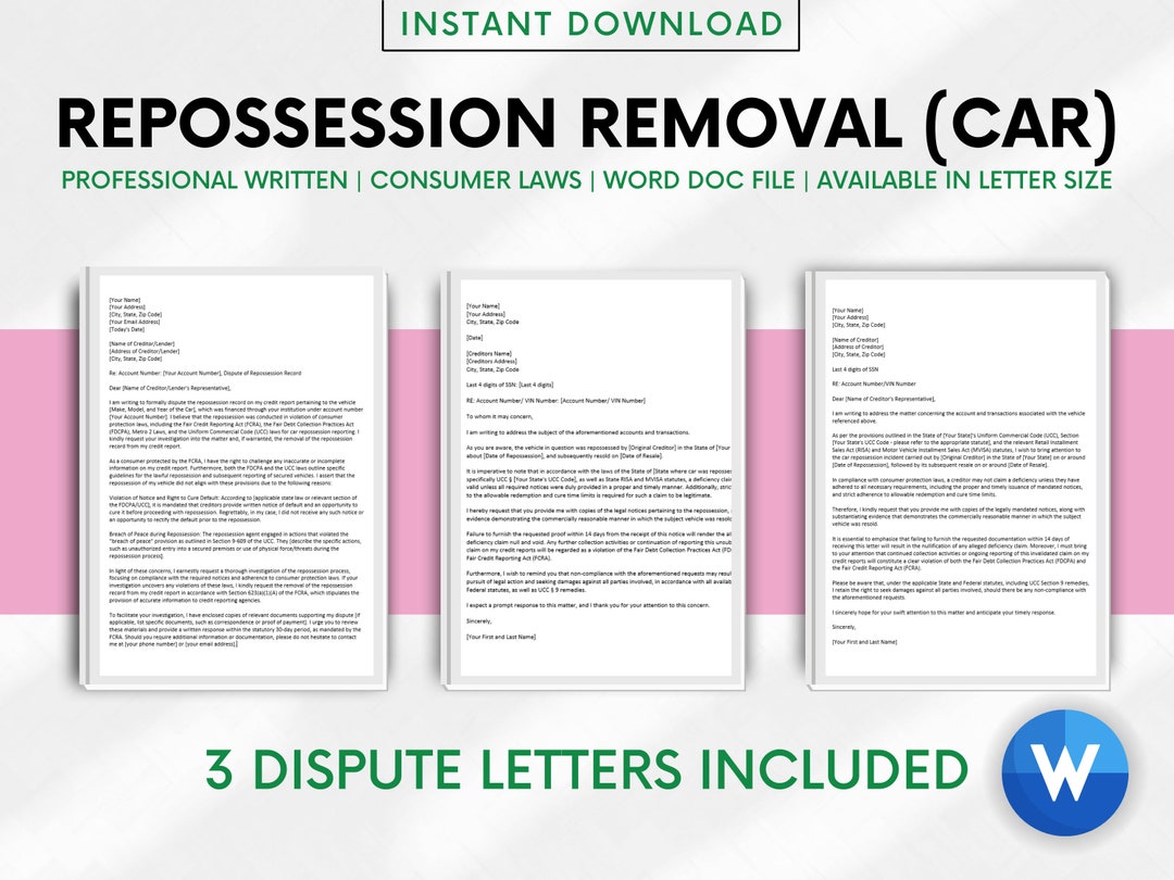Repossession Removal Credit Dispute Letter Template for Repo Etsy Repossession Removal Credit Dispute Letter Template for Repo Etsy