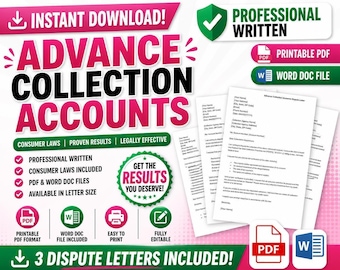 May include: A digital download graphic with the text "Advance Collection Accounts" in pink and black. The image includes icons for PDF and Word Doc files, and the text "3 Dispute Letters Included!"