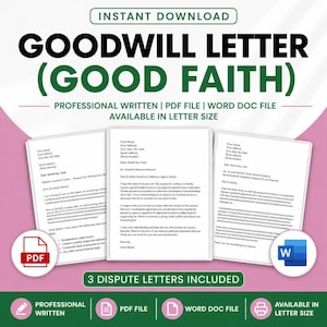 Könnte beinhalten: Ein Bild, das ein digitales Download-Produkt mit drei Beispielen für Kulanzbriefe zeigt. Die Briefe sind in schwarzer Schrift auf weißem Papier gedruckt. Der Text enthält "GOODWILL LETTER (GOOD FAITH)" und "3 DISPUTE LETTERS INCLUDED". Verfügbar als PDF- und Word-Dokument.