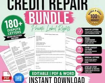 Private Label Rights Credit Repair Bundle | 180+ Dispute Letters, Email Templates & Business Kit | Editable PDF Word | Instant Download