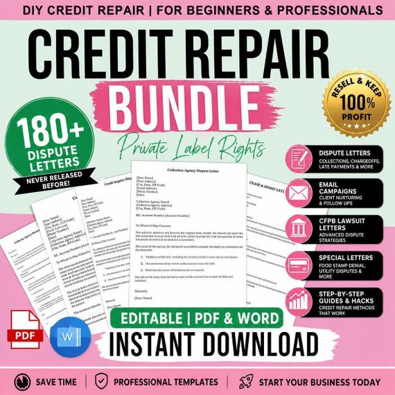 Private Label Rights Credit Repair Bundle | 180+ Dispute Letters, Email Templates & Business Kit | Editable PDF Word | Instant Download