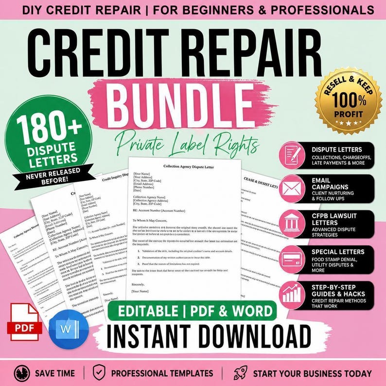 Private Label Rights Credit Repair Bundle | 180+ Dispute Letters, Email Templates & Business Kit | Editable PDF Word | Instant Download image 1